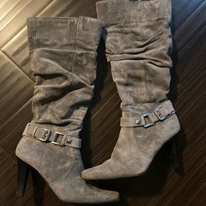 Grey suede boots.  Calf height w 3in heel